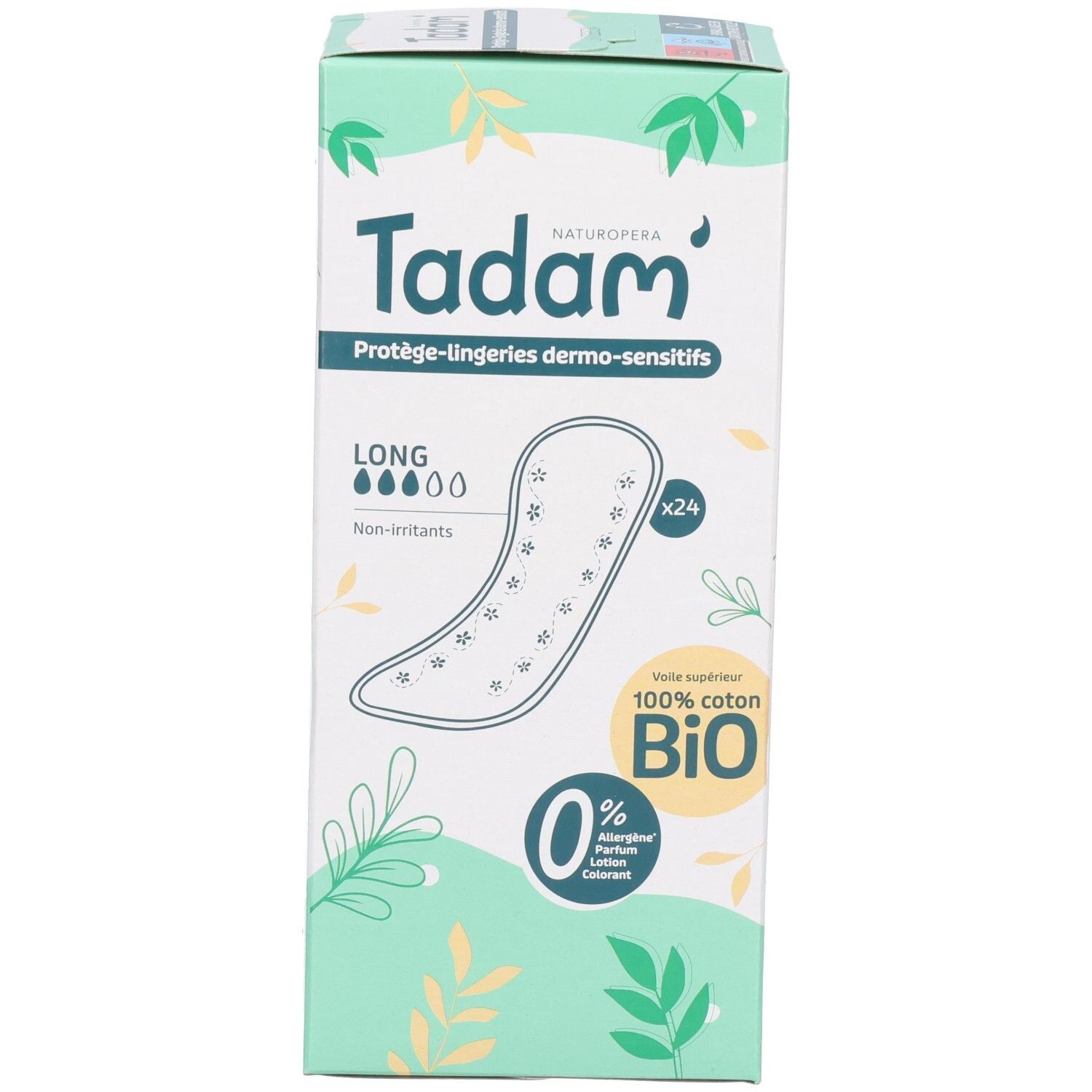 Tadam Protège-lingeries Dermo-Sensitifs, 24 unités, Long, 100% coton Bio, hypoallergénique.