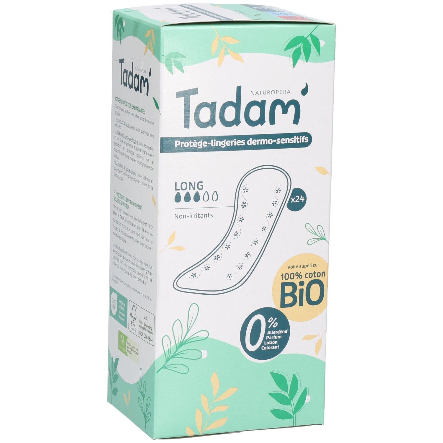 Tadam Protège-lingeries Dermo-Sensitifs, 24 unités, Long, 100% coton Bio, hypoallergénique.