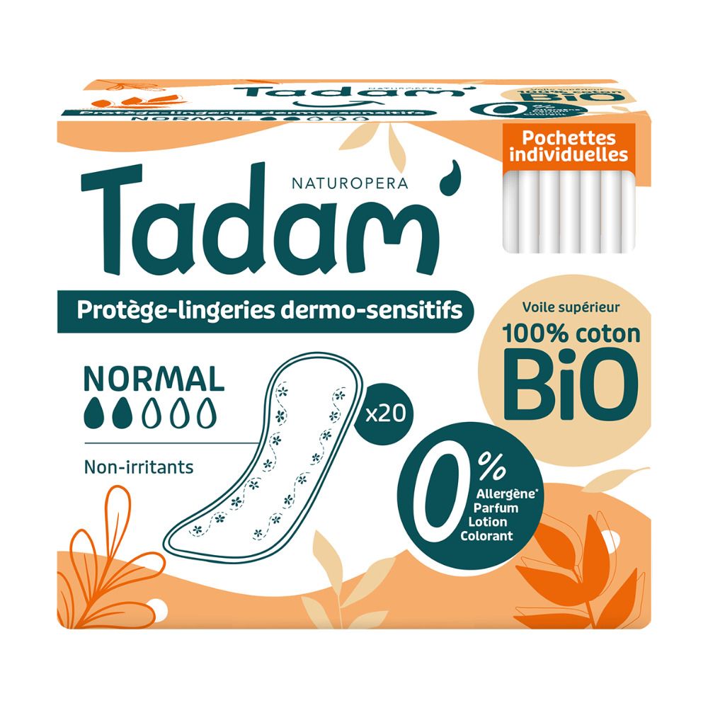 Tadam Protège-Lingerie Dermo-Sensitifs Normal : 20 protège-slips emballés individuellement, 100% coton bio, hypoallergénique.