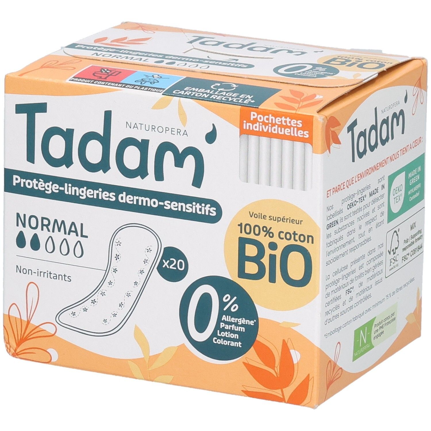 Tadam Protège-Lingerie Dermo-Sensitifs Normal: Boîte de 20 protège-slips, 100% coton bio, hypoallergénique, certifié OEKO-TEX.