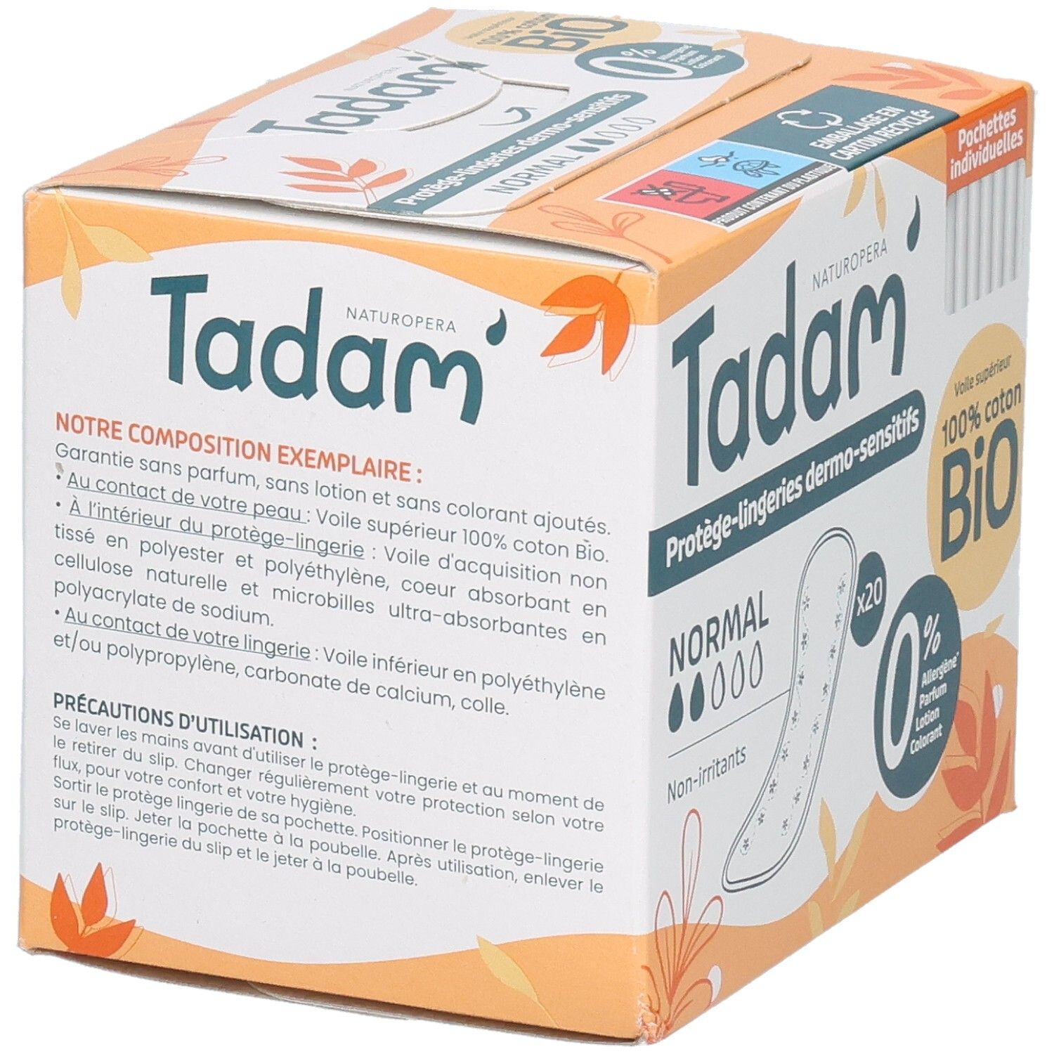 Tadam Protège-Lingerie Dermo-Sensitifs Normal: Arrière de l'emballage avec composition et précautions d'emploi.