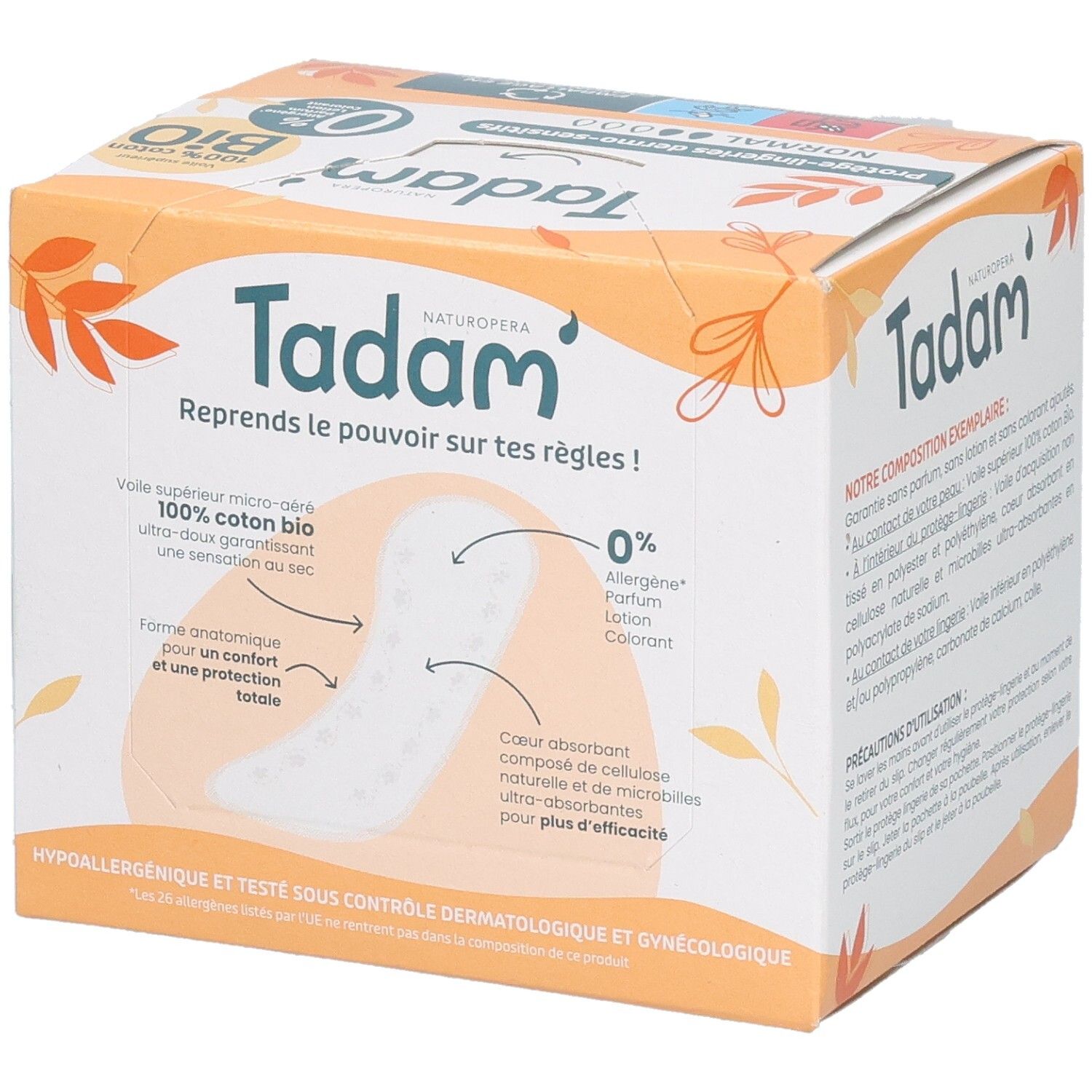 Tadam Protège-Lingerie Dermo-Sensitifs Normal: Protège-slip anatomique 100% coton bio, 0% allergène, parfum, colorant.