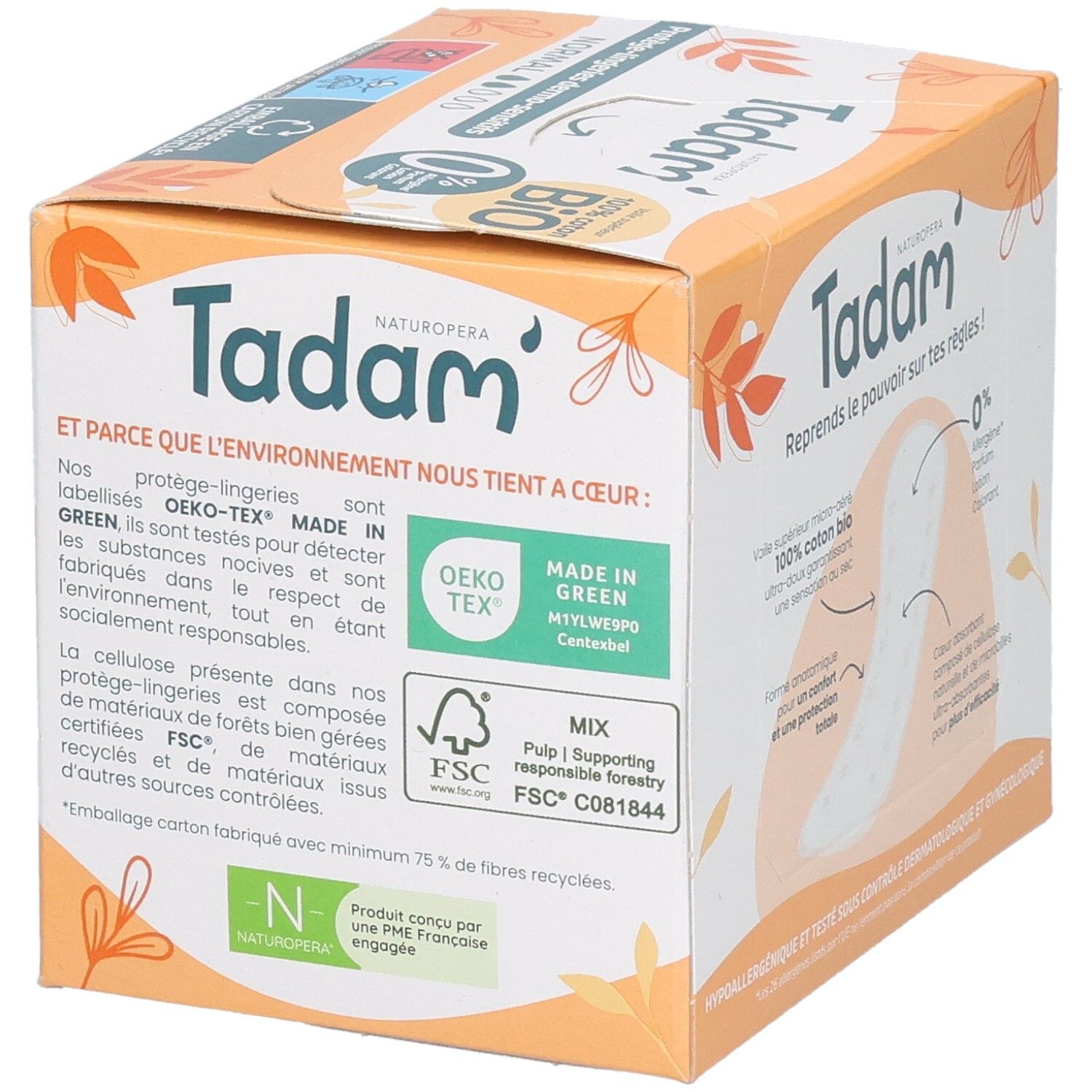 Tadam Protège-Lingerie Dermo-Sensitifs Normal: Emballage avec informations sur l'éco-responsabilité et certification FSC.