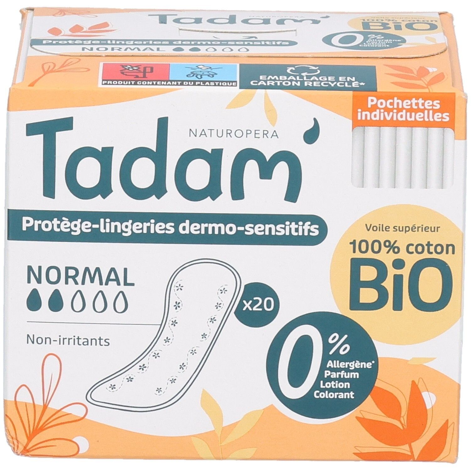 Tadam Protège-Lingerie Dermo-Sensitifs Normal: Face avant de l'emballage avec caractéristiques produit et 20 protège-slips emballés individuellement.