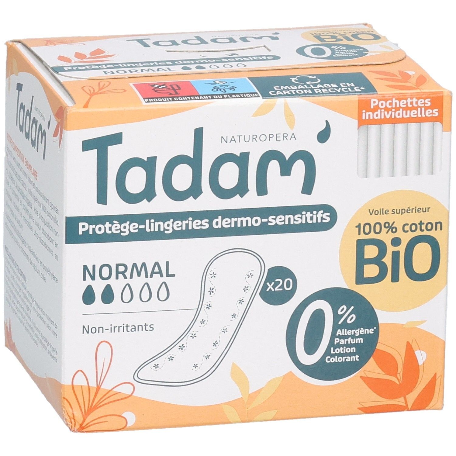 Tadam Protège-Lingerie Dermo-Sensitifs Normal: Emballage avec labels OEKO-TEX et FSC, 100% coton bio.