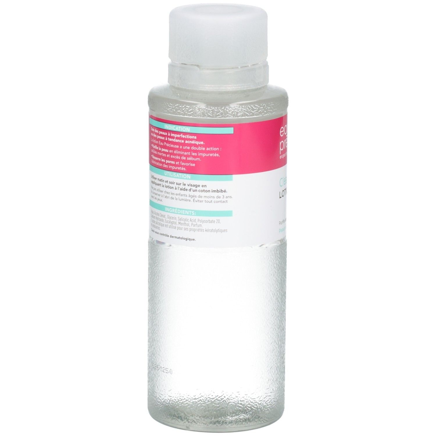 Dos de la lotion Eau Précieuse ClearSkin Lotion Purifiante avec instructions.