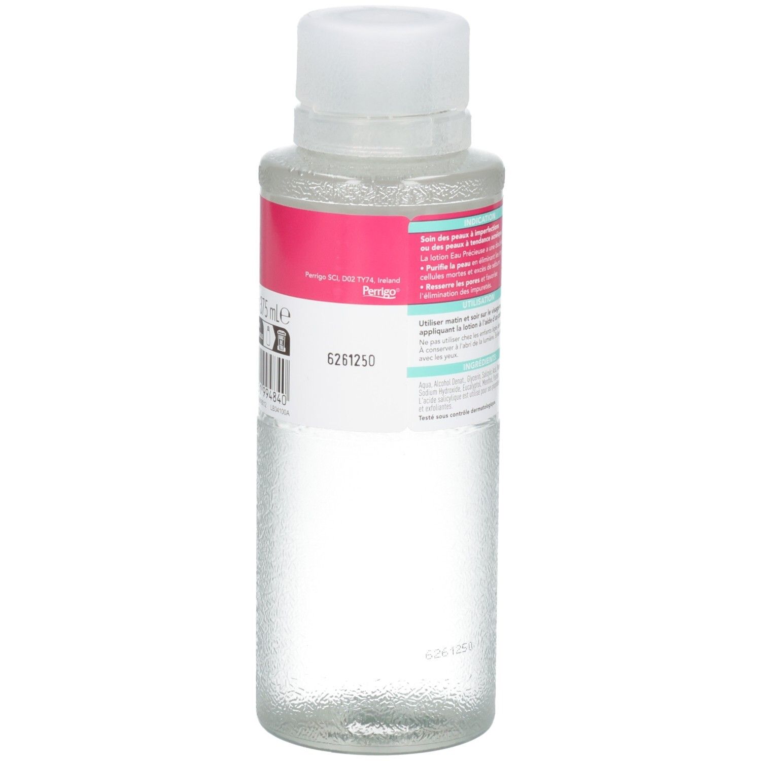Dos de la lotion Eau Précieuse ClearSkin Lotion Purifiante avec code-barres.