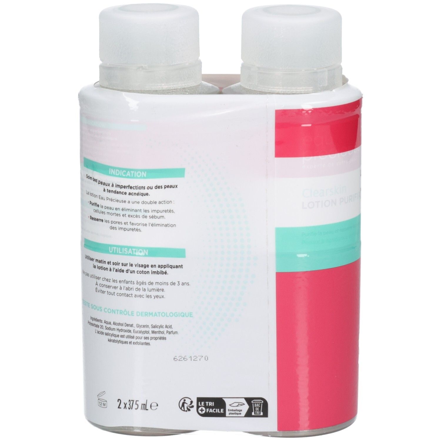 Arrière du lot de 2 Eau Précieuse Lotion Purifiante Clearskin avec instructions.