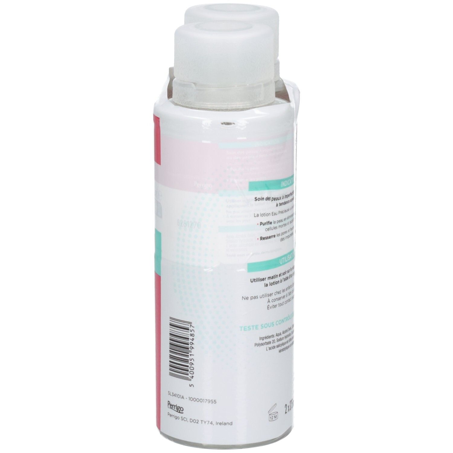 Côté du lot de 2 Eau Précieuse Lotion Purifiante Clearskin avec informations textuelles.