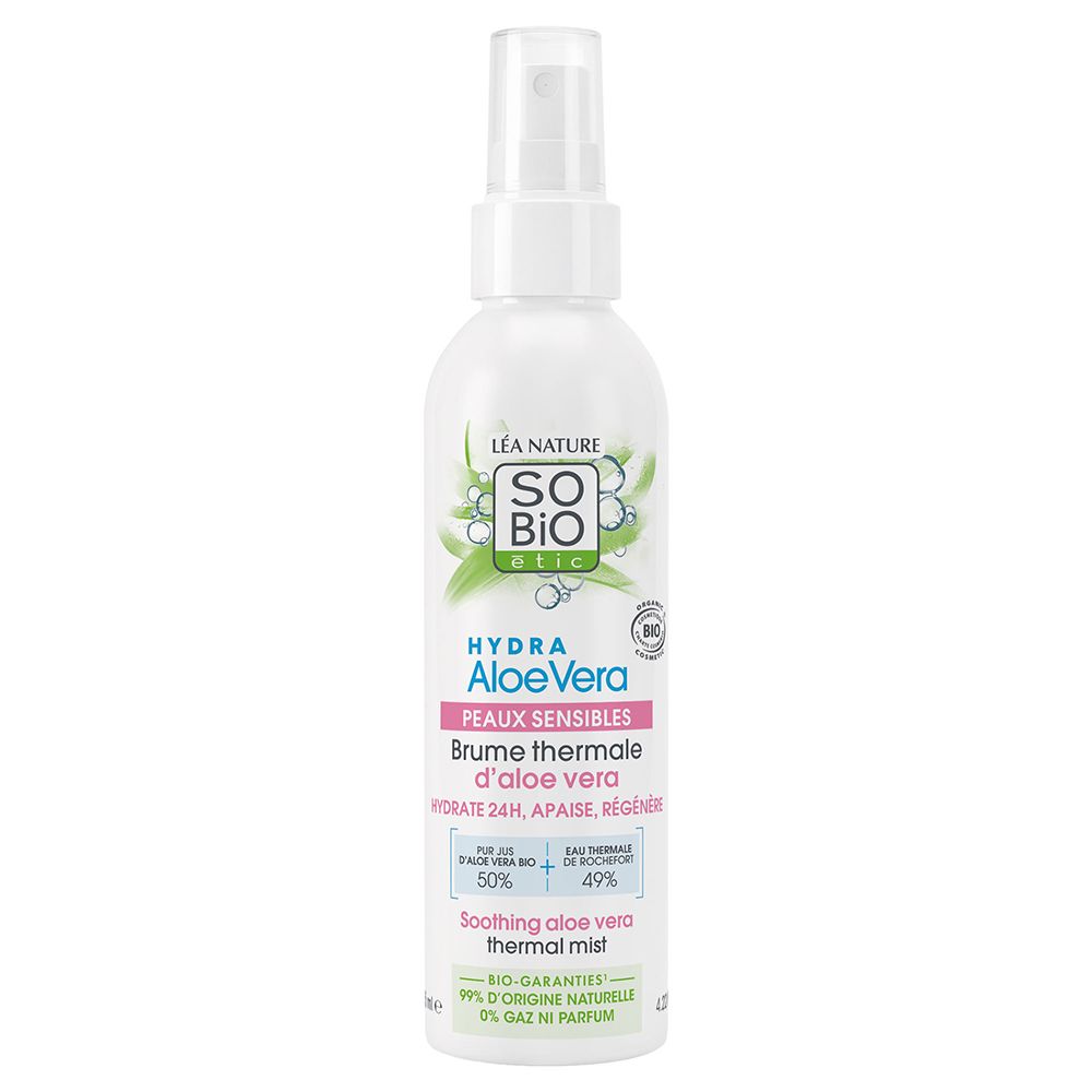 Brume thermale d'aloe vera apaisante pour peaux sensibles, flacon spray de 125ml.