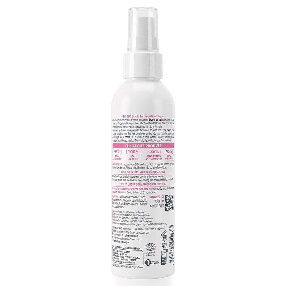 Arrière de la bouteille avec ingrédients et instructions d'utilisation pour la Brume Thermale Aloe Vera.