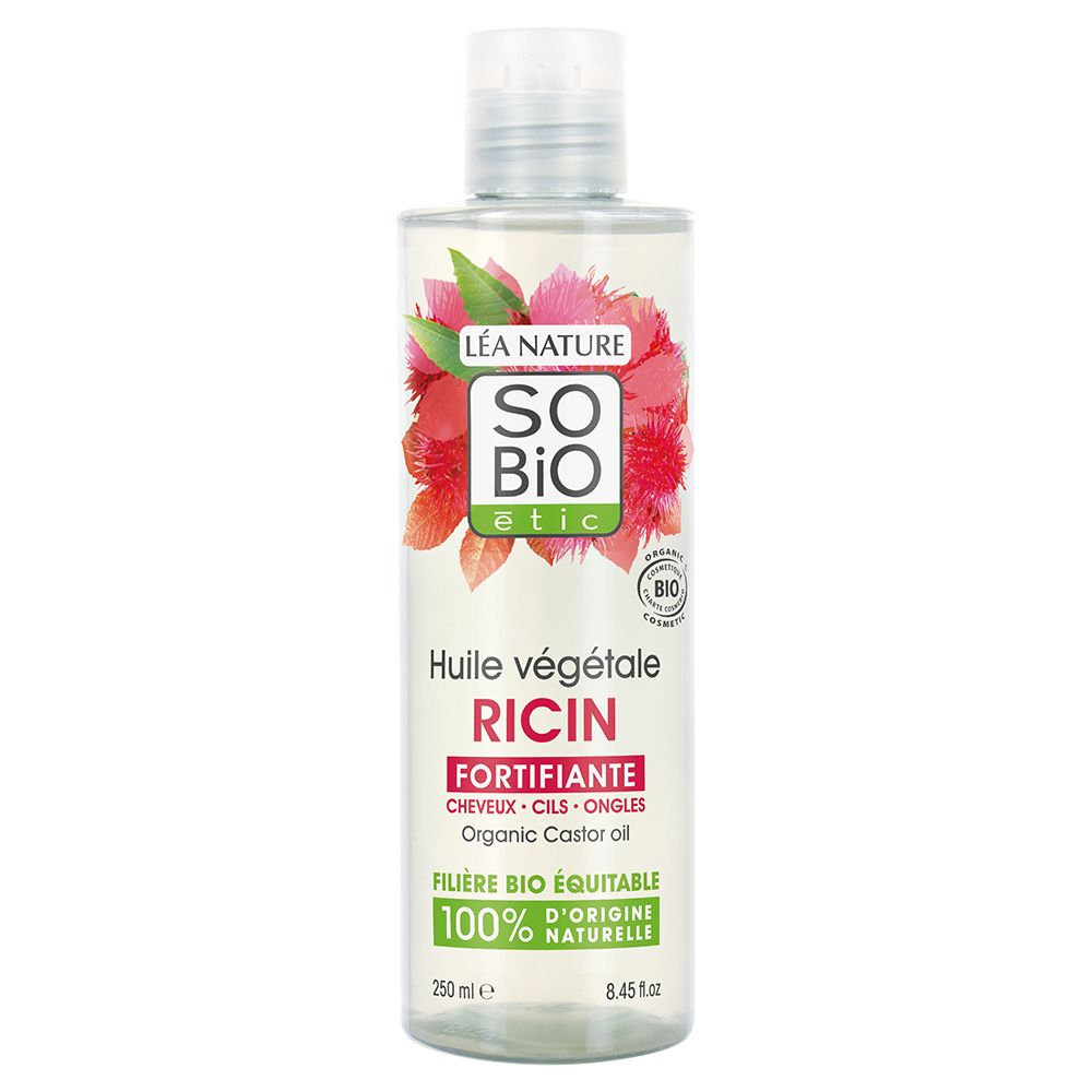 Bouteille d'huile de ricin So Bio Etic avec étiquette indiquant "Huile végétale Ricin" et "Organic Castor oil".