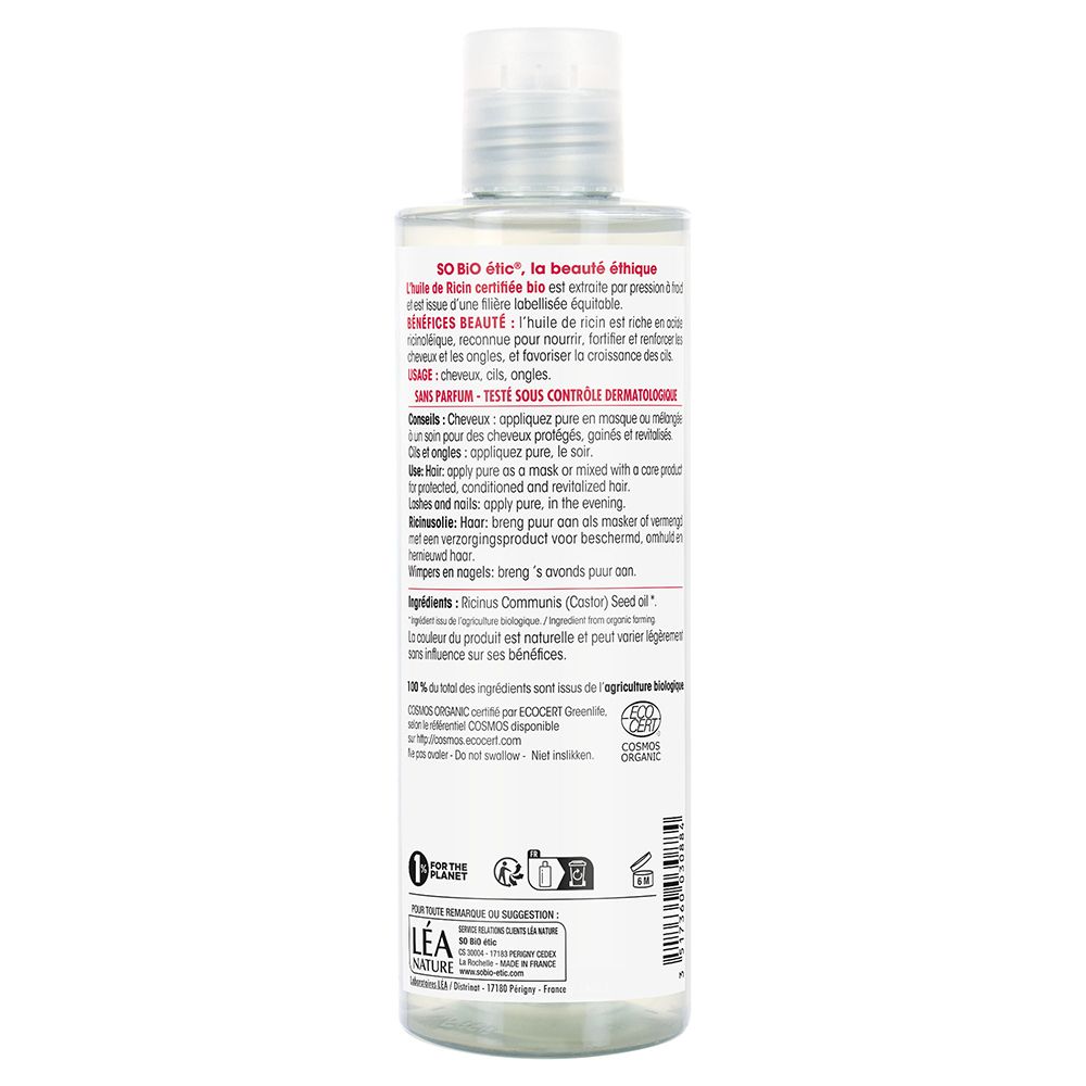 Arrière d'une bouteille d'huile de ricin So Bio Etic avec ingrédients et instructions d'utilisation.