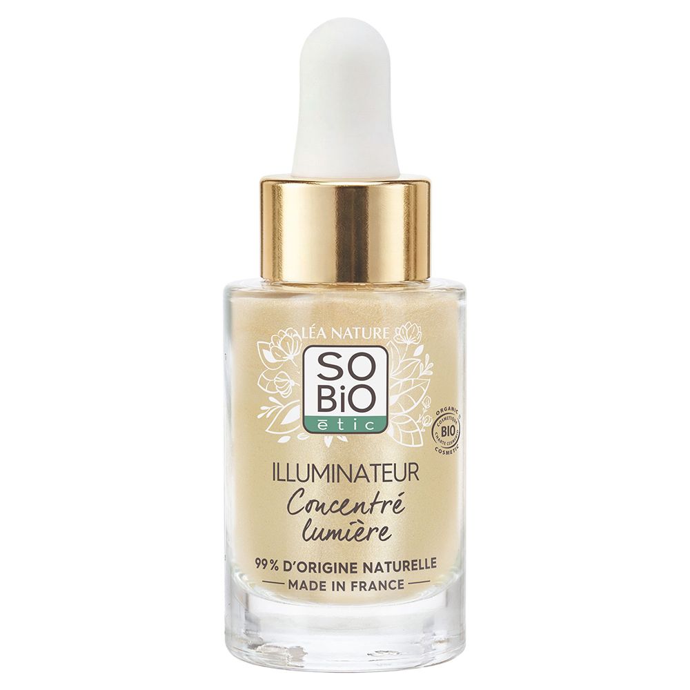 So Bio Etic Illuminateur Concentré Lumière: flacon en verre avec pipette, bouchon doré, sérum jaune clair.