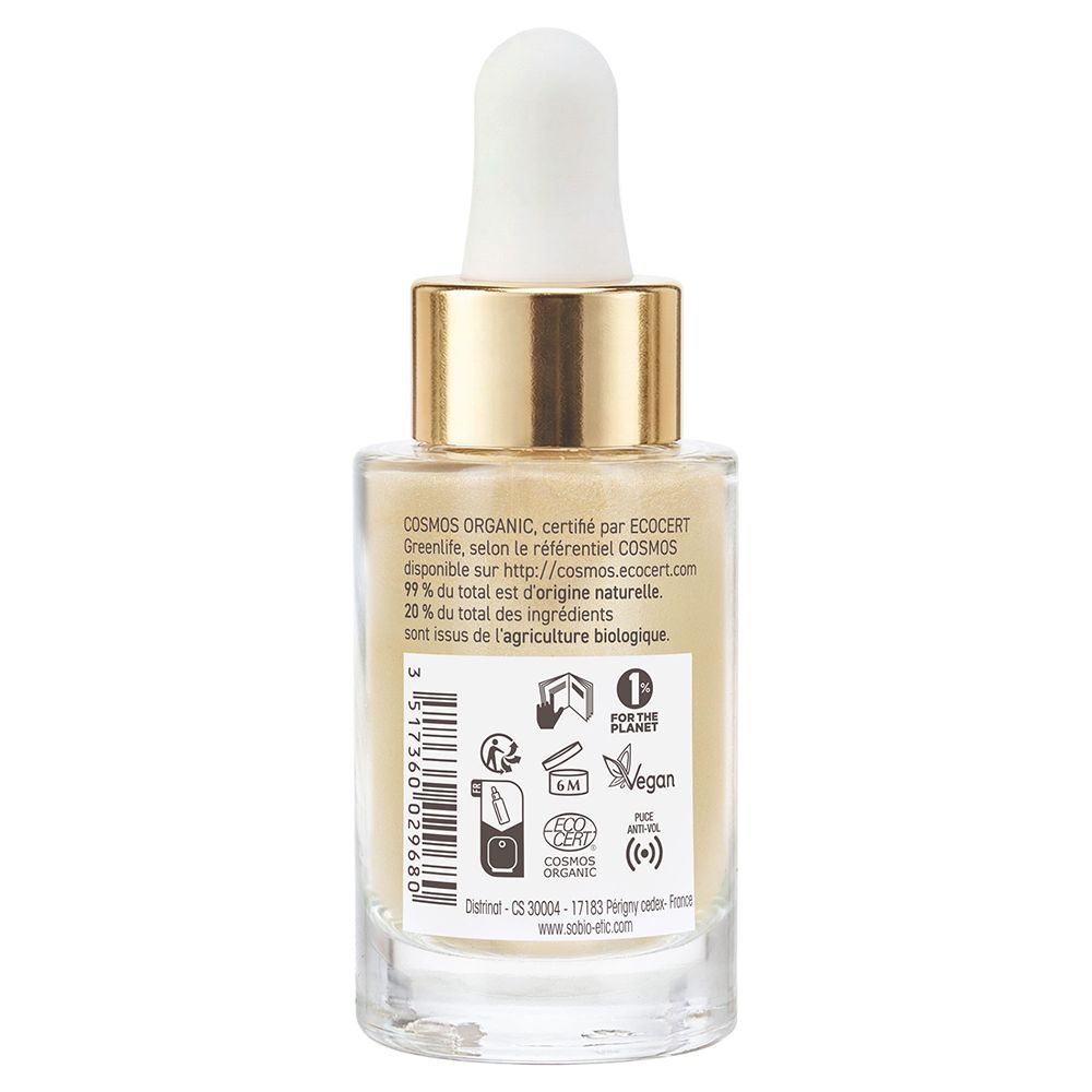 Arrière: So Bio Etic Illuminateur Concentré Lumière, certification Bio, label Vegan, Fabriqué en France.