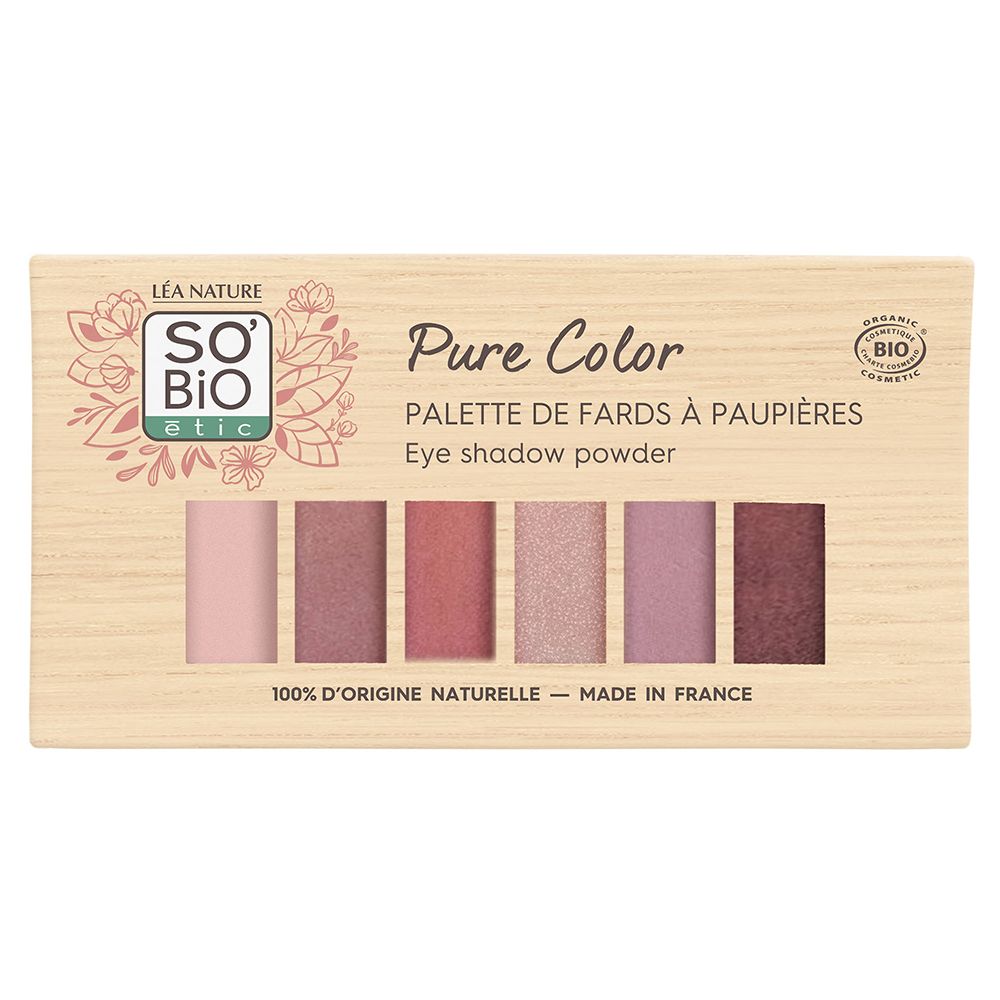 Palette de fards à paupières So Bio Etic, 7 teintes rosées et brunes, emballage bois.