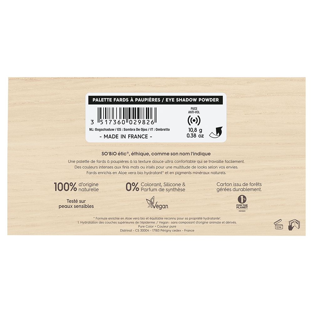 Arrière de la palette de fards à paupières So Bio Etic avec informations produit et logos.