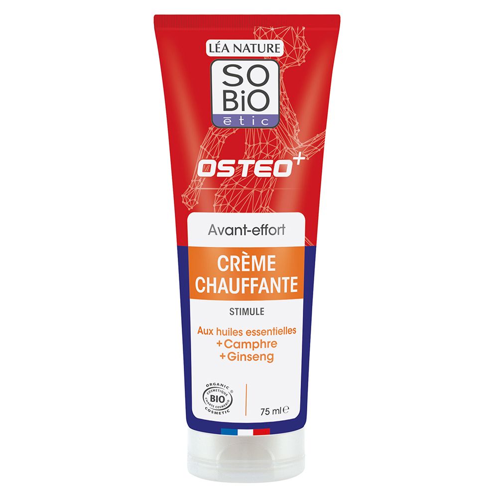 Tube de crème chauffante SO Bio Etic Osteo+ avec étiquette indiquant les ingrédients et la marque.