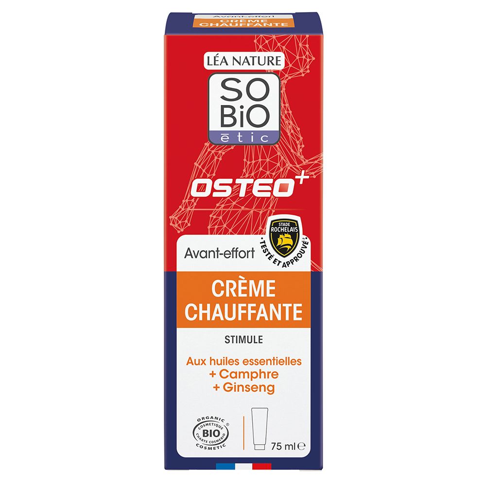 Boîte de crème chauffante SO Bio Etic Osteo+ avec étiquette indiquant les ingrédients et la marque.