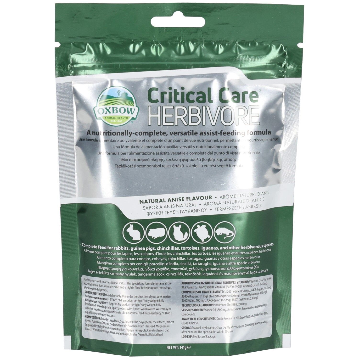 Emballage d'Oxbow Critical Care Herbivore, une formule nutritionnelle complète saveur anis.