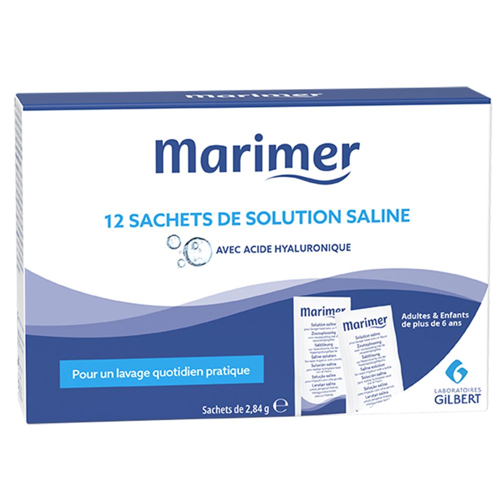 Marimer 12 sachets de solution saline avec acide hyaluronique pour lavage nasal.