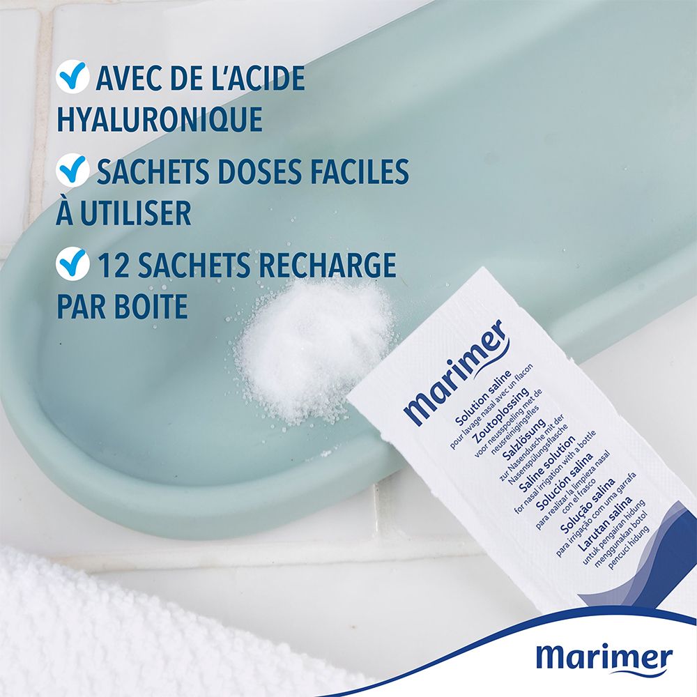 Poudre de solution saline Marimer en sachet, avec acide hyaluronique.