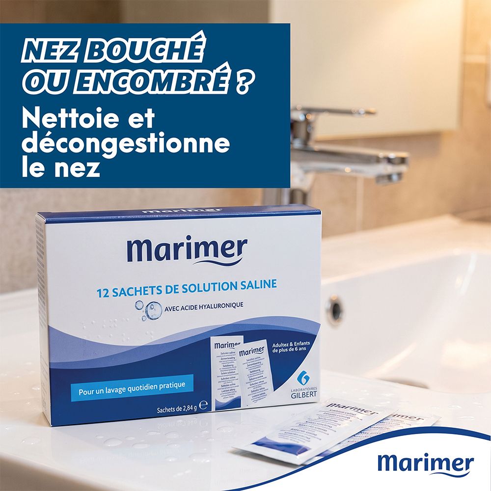 Boîte de 12 sachets de solution saline Marimer pour lavage nasal.