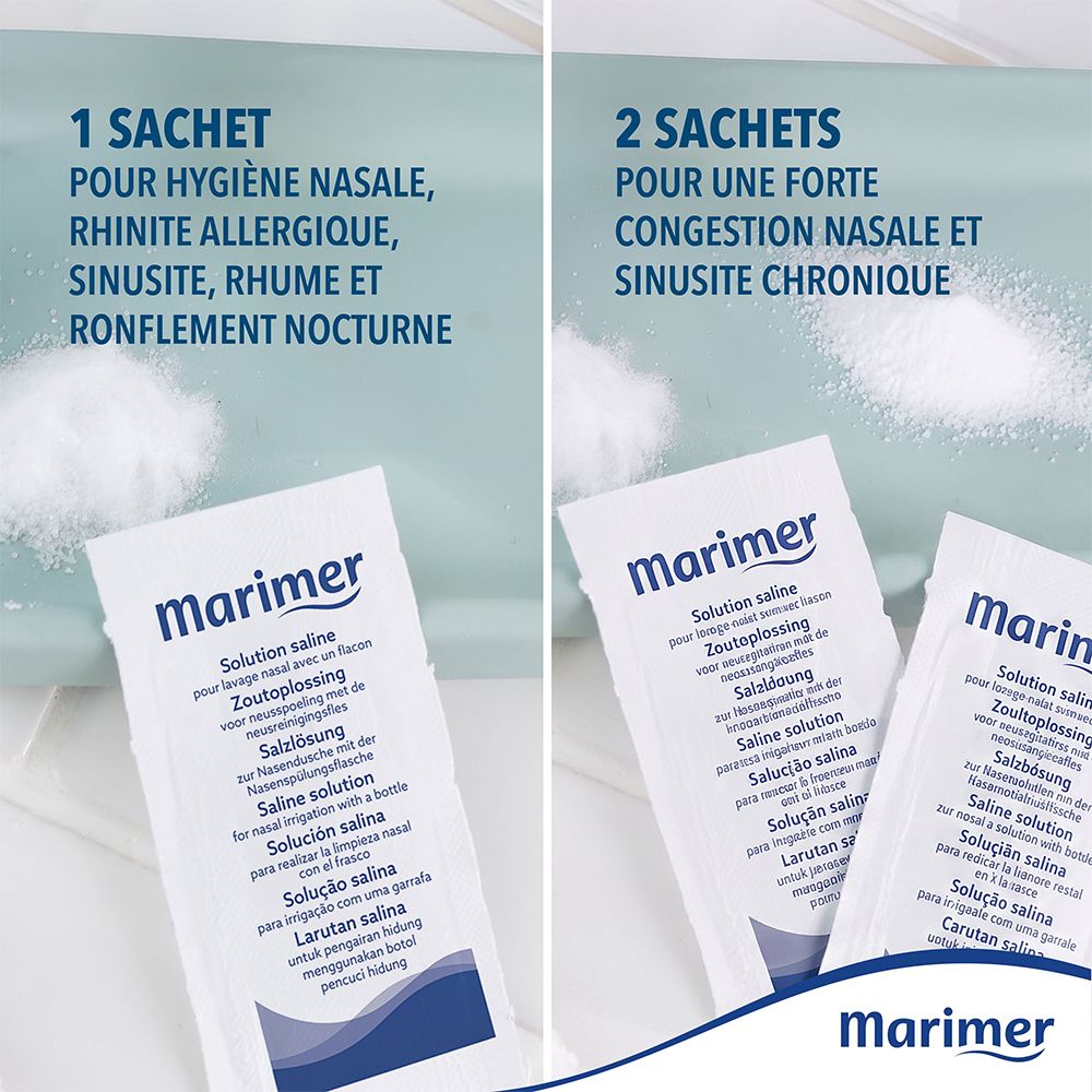 Solution saline Marimer: 1 sachet pour hygiène, 2 sachets pour congestion.