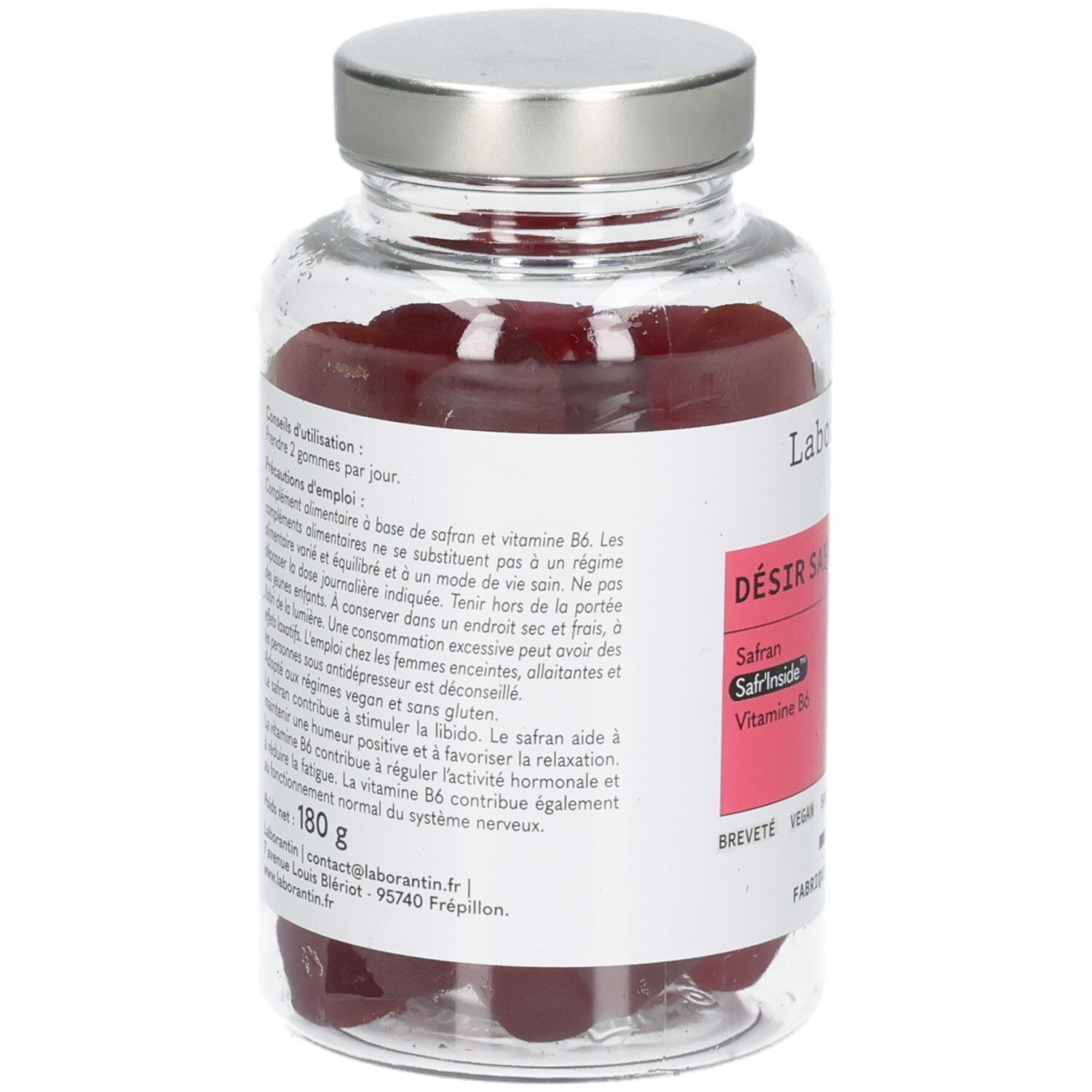 Arrière d'un flacon de 60 gummies Laborantin Désir Safrandisiaque.