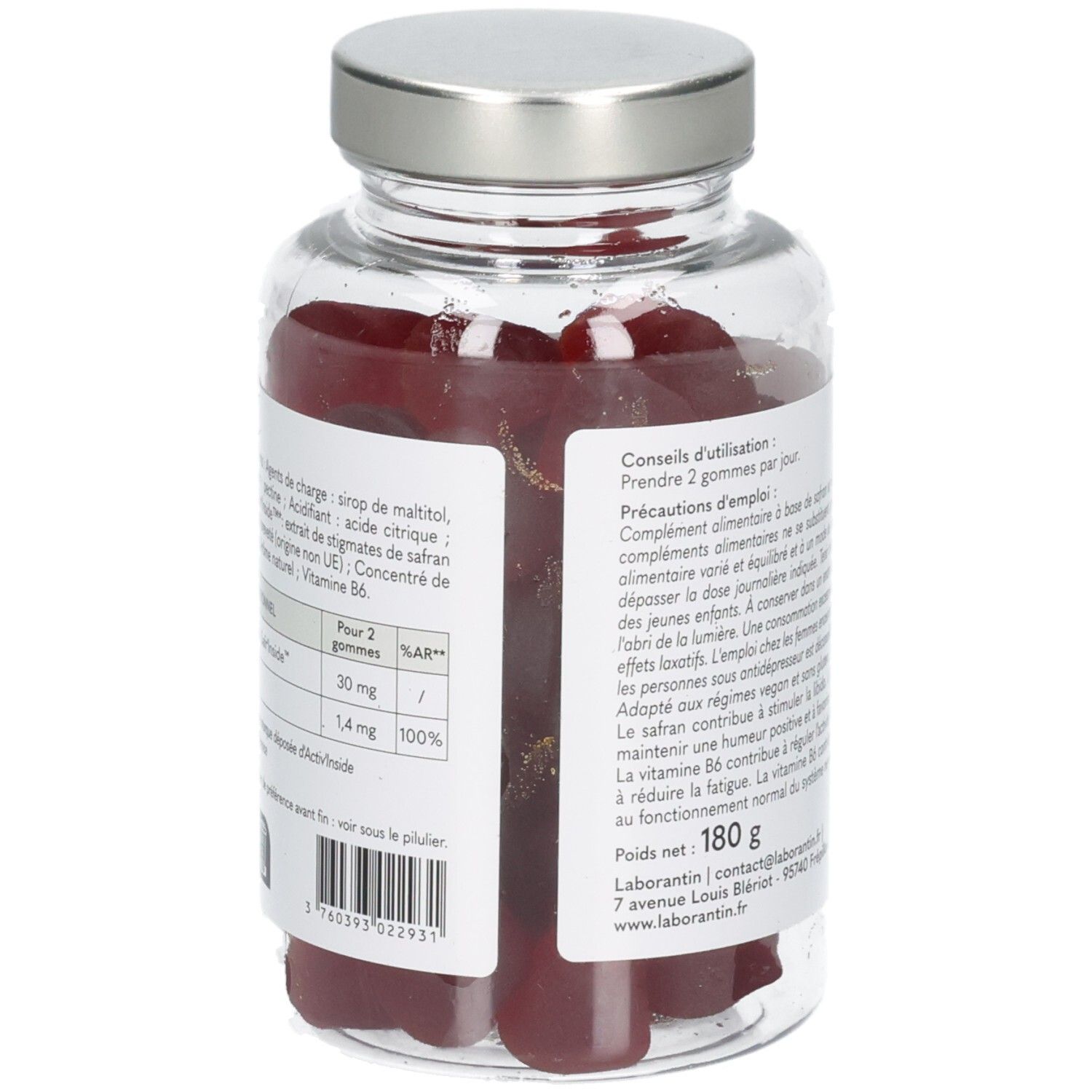 Vue latérale d'un flacon de 60 gummies Laborantin Désir Safrandisiaque.