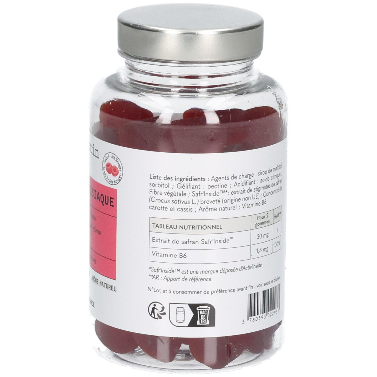 Détails de l'étiquette sur un flacon de 60 gummies Laborantin Désir Safrandisiaque.