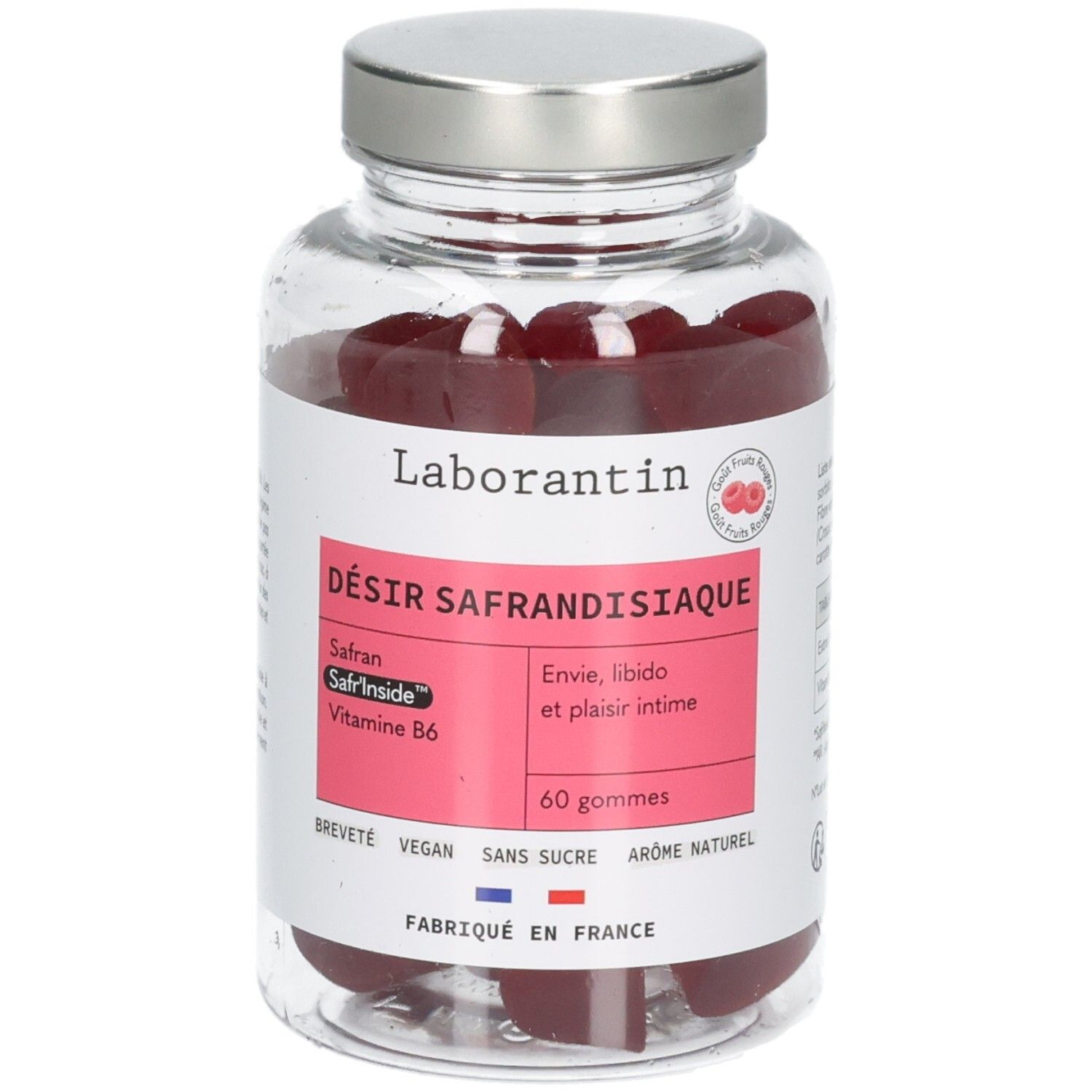 Gros plan d'un flacon de 60 gummies Laborantin Désir Safrandisiaque.
