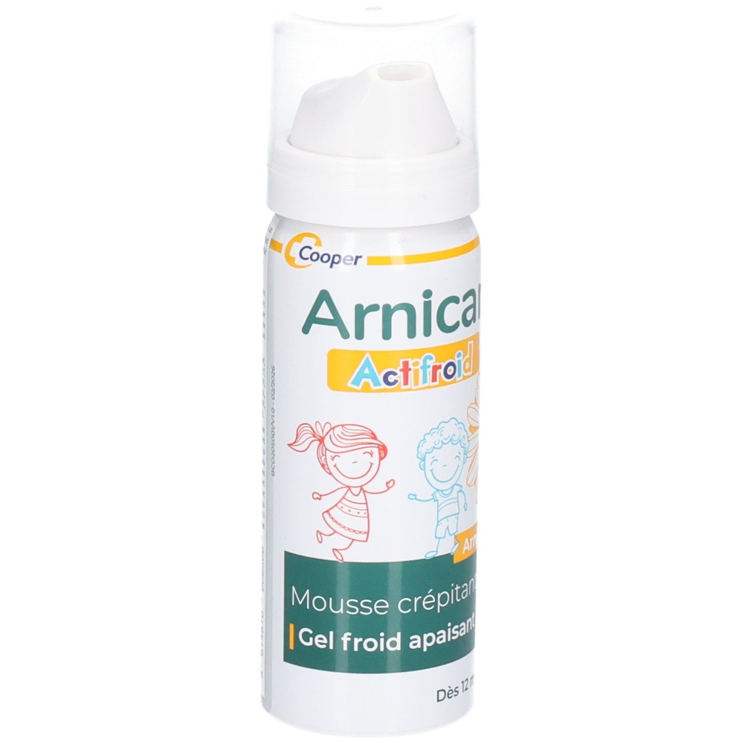 Mousse Cooper Arnican Actifroid avec applicateur pompe. Flacon blanc avec dessins d'enfants colorés.