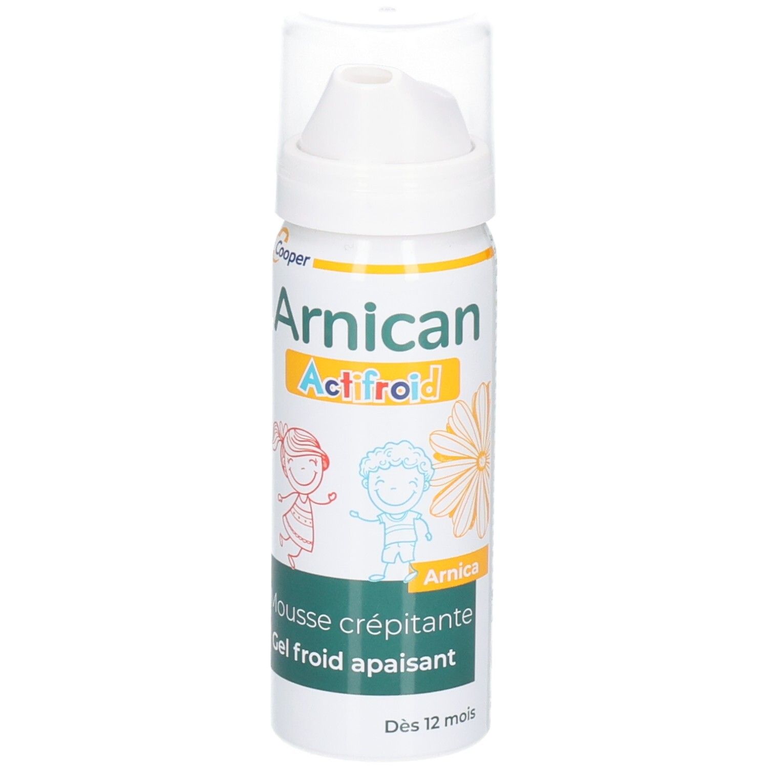 Mousse Cooper Arnican Actifroid avec applicateur pompe. Flacon blanc avec dessins d'enfants et fleur d'arnica.