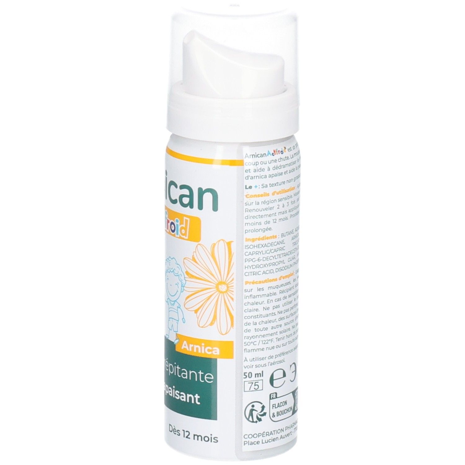 Flacon Cooper Arnican Actifroid avec applicateur pompe, 50ml. Arrière avec instructions et symboles.