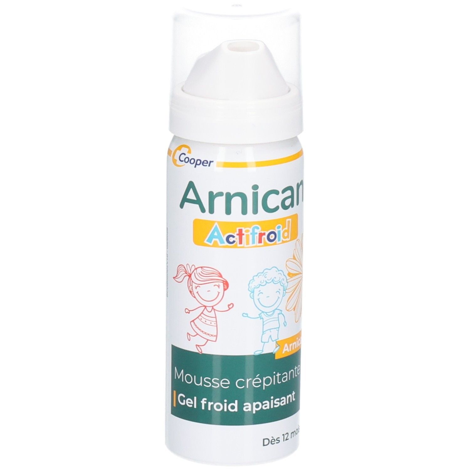 Mousse Cooper Arnican Actifroid avec applicateur pompe. Flacon blanc avec dessins d'enfants et fleur d'arnica.