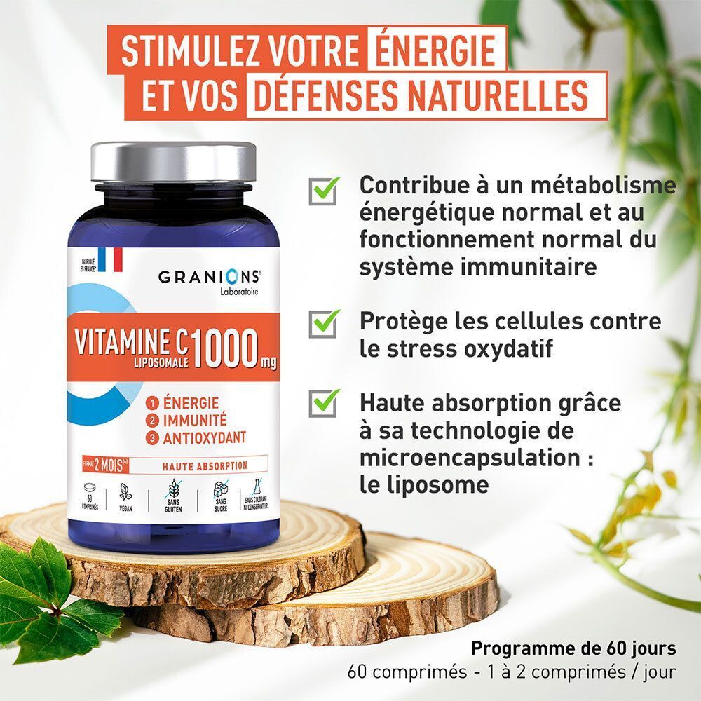 Un flacon de Vitamine C 1000 mg Liposomale de Granions sur des rondins de bois.