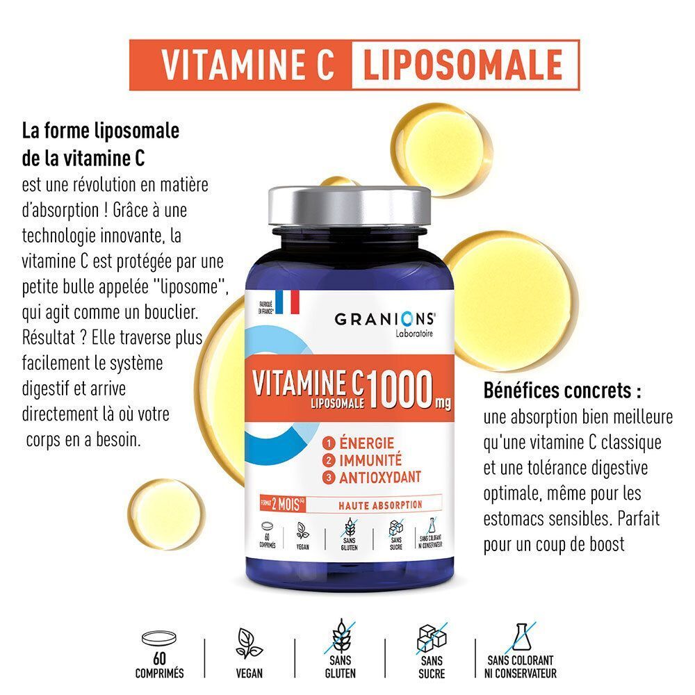 Un flacon de Vitamine C 1000 mg Liposomale de Granions avec des gouttelettes d'huile.