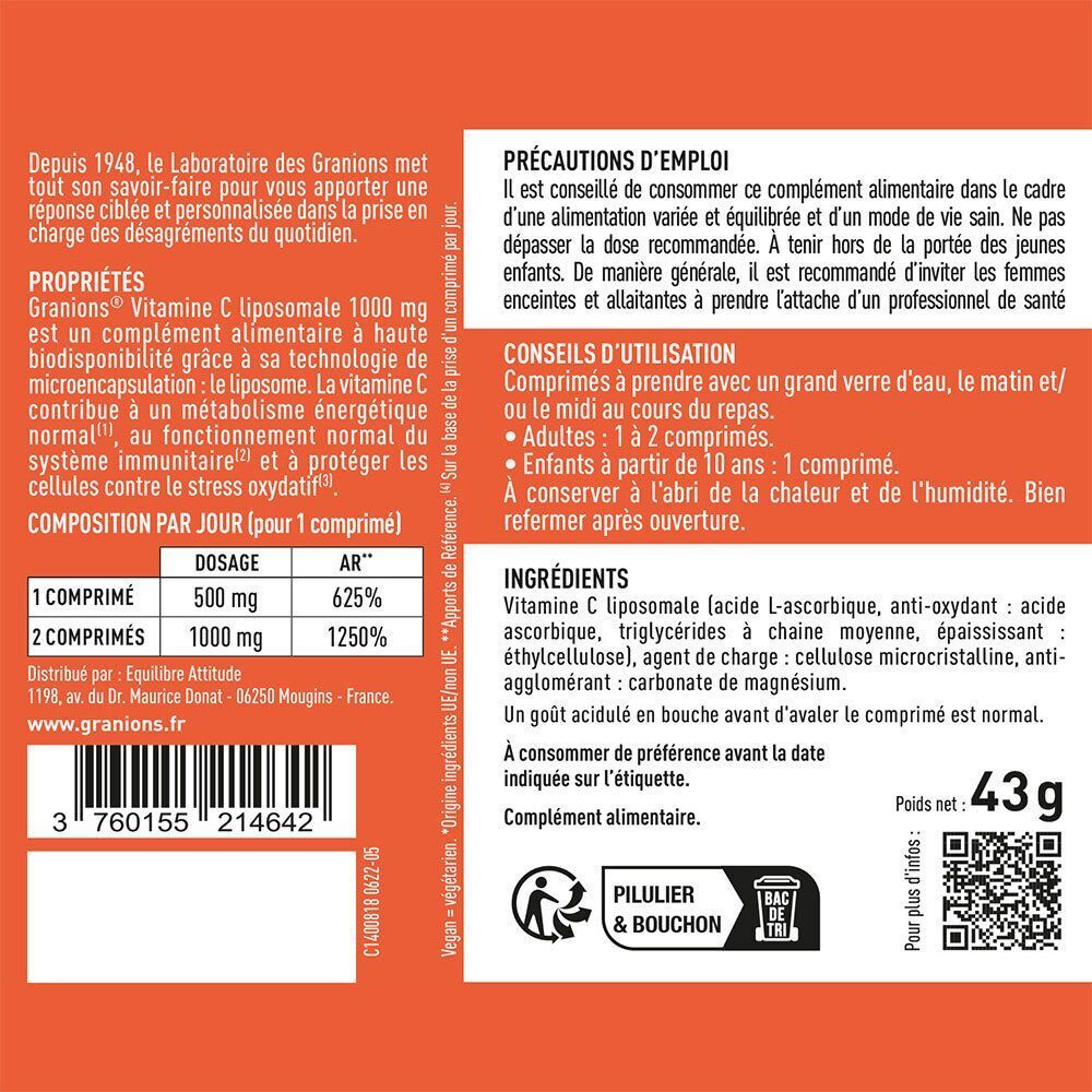 Arrière d'un flacon de Vitamine C 1000 mg Liposomale de Granions avec informations nutritionnelles.