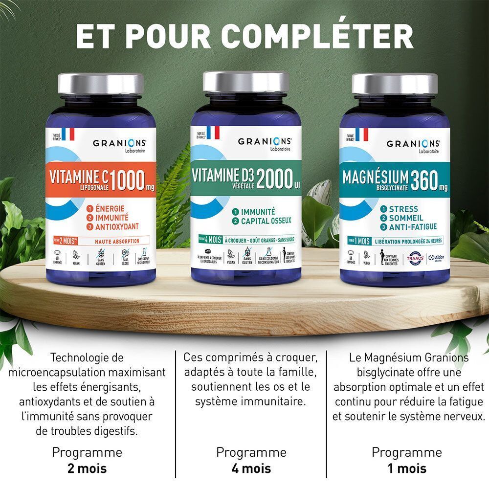 Trois flacons Granions : Vitamine C, D3 et Magnésium.