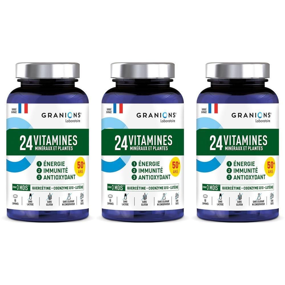 Trois flacons de Granions 24 Vitamines, Minéraux et Plantes pour seniors.