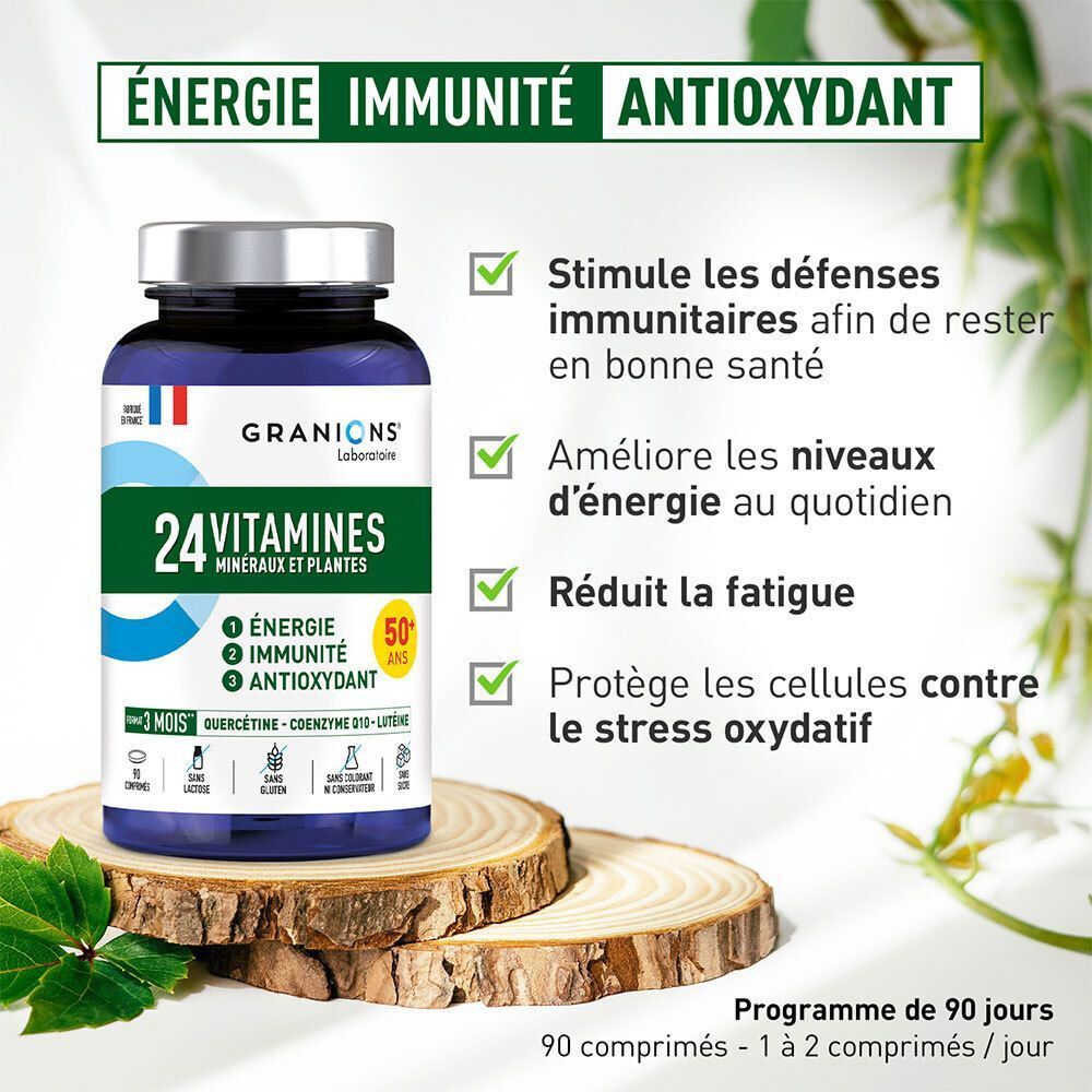 Un flacon de Granions 24 Vitamines, Minéraux et Plantes sur des rondins de bois.