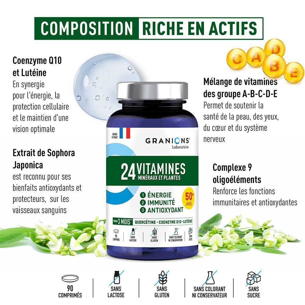 Un flacon de Granions 24 Vitamines, Minéraux et Plantes avec ses ingrédients.