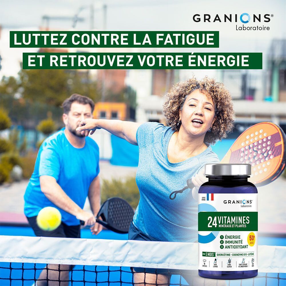 Un couple joue au padel avec un flacon de Granions 24 Vitamines, Minéraux et Plantes.