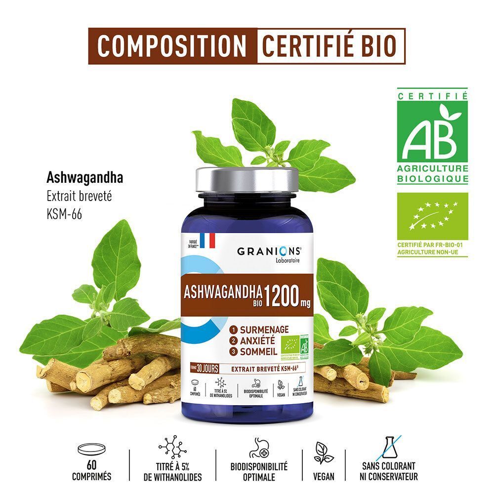 Un flacon de GRANIONS Ashwagandha Bio 1200 mg avec label Bio et racines d'Ashwagandha.