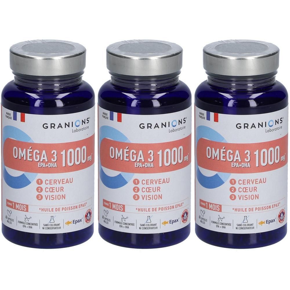 Trois flacons de GRANIONS Oméga 3 1000 mg EPA+DHA pour le cerveau, le cœur et la vision.