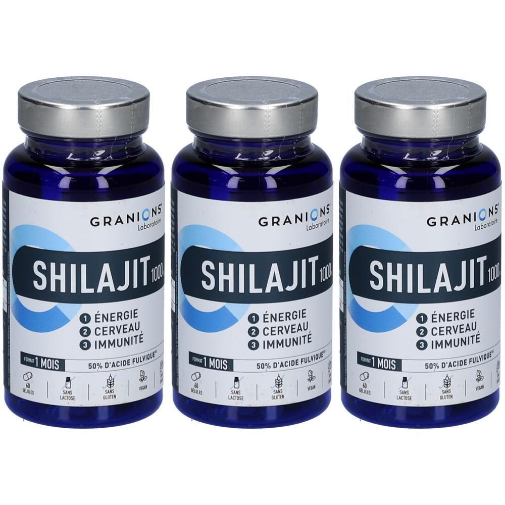 Trois flacons bleus de Shilajit 1000, bouchons argentés, étiquettes blanches avec accents bleus.