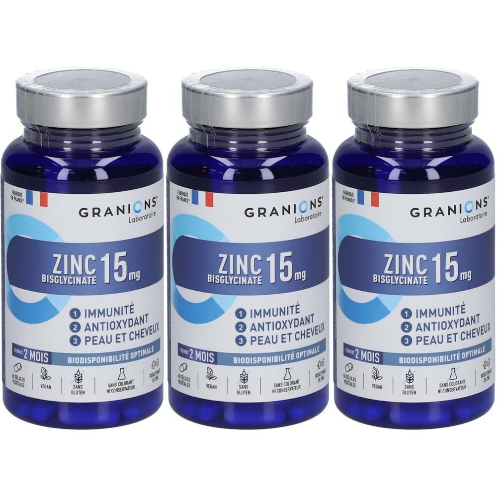 Trois flacons de Granions Zinc 15 mg Bisglycinate. Pour immunité, antioxydant, peau et cheveux. 2 mois.