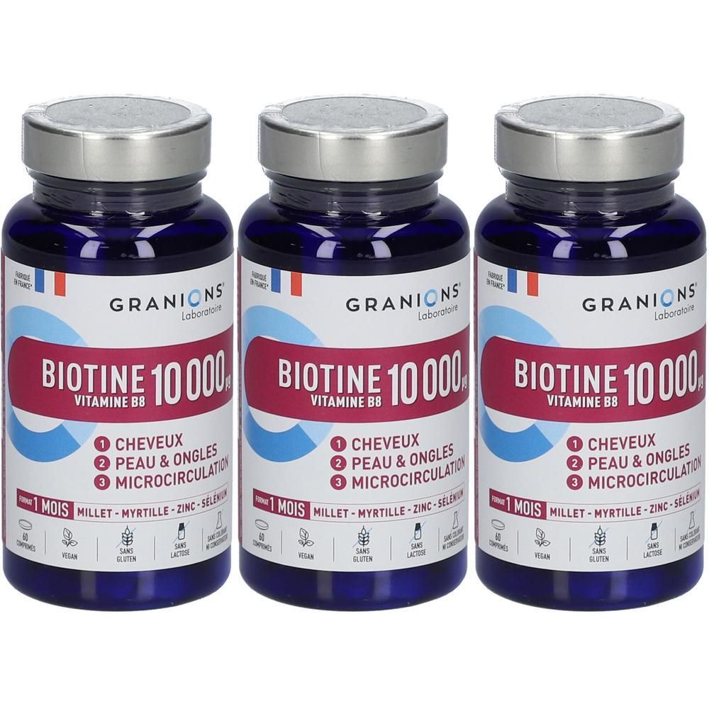 Trois flacons de Granions Biotine 10 000 µg Vitamine B8 pour cheveux, peau et ongles.