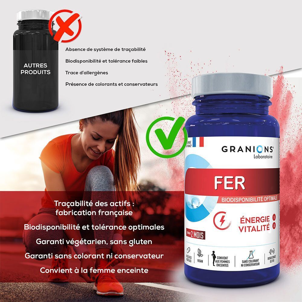 Un flacon de Granions Fer 14 mg à côté d'une femme faisant du sport. Comparaison avec d'autres produits à gauche.